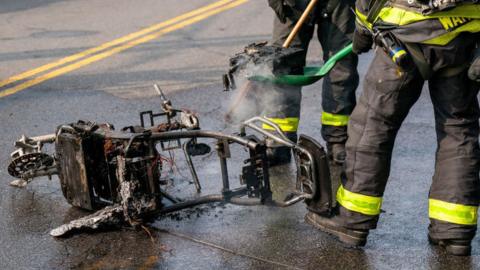 An e-bike caught fire on 10th Avenue in Brooklyn on July 17, 2023, in New York.