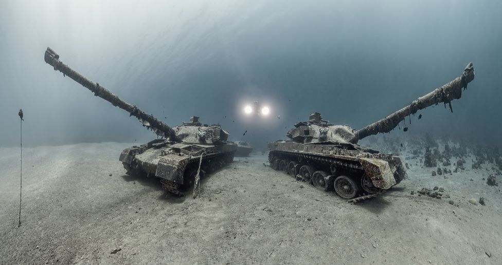 Chieftain tanks at the underwater Military Museum, Aqaba, Jordan