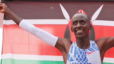 Kelvin Kiptum of Kenya celebrates after winning the 2023 Chicago Men's Marathon, setting a world record - 8 October 2023