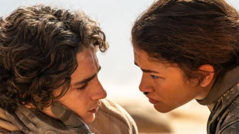A scene from Dune 2 in which the female character of Zendaya is wearinng a black glove and holding the face of Timothee Chalamet's male character, looking intently in his eyes. The pair are close and you can see the side profile of their faces, with the background of a sunny sky.
