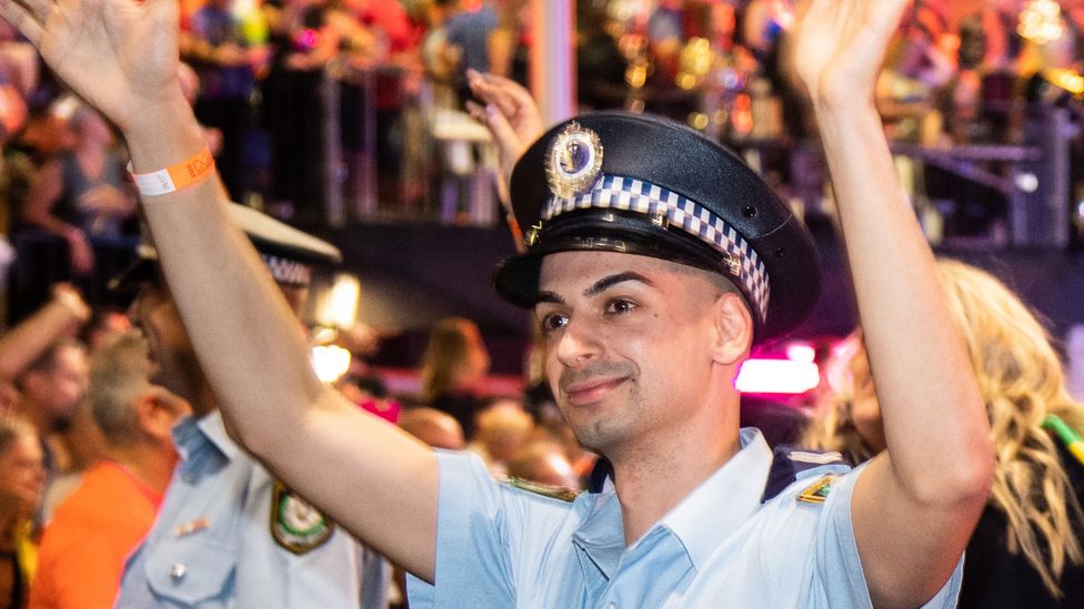 Sydney police officer Beaumont Lamarre-Condon takes part in the 42nd annual Gay and Lesbian Mardi Gras parade in Sydney, Australia, 29 February 2020