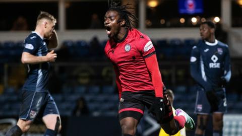 St Mirren’s Toyosi Olusanya celebrates after scoring to make it 1-1 during a cinch Premiership match between Ross County and St Mirren