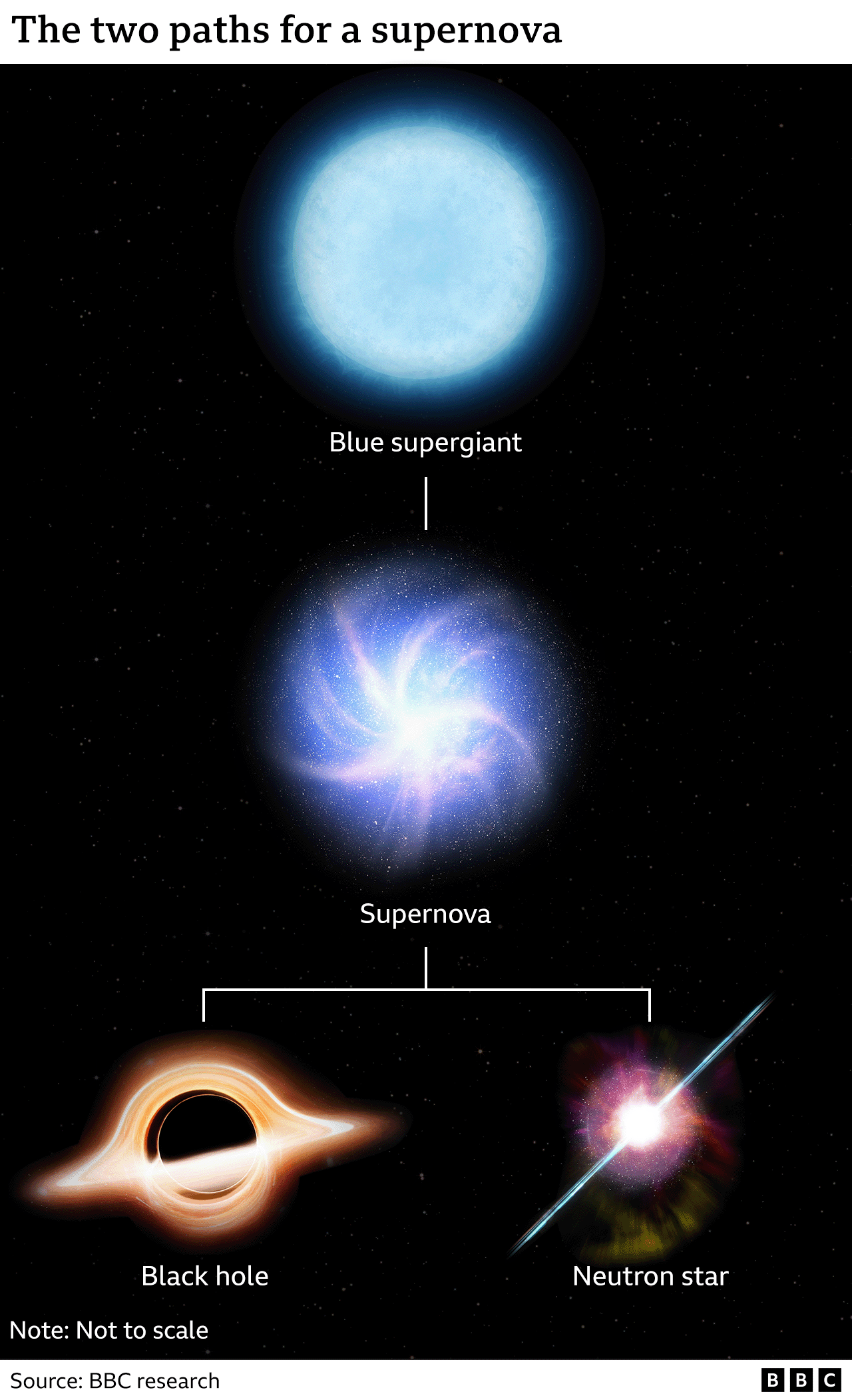 Graphic showing two paths of a supernova