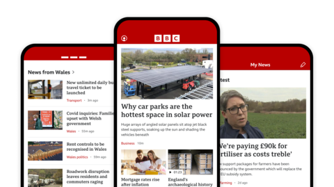 The BBC news app on various devices